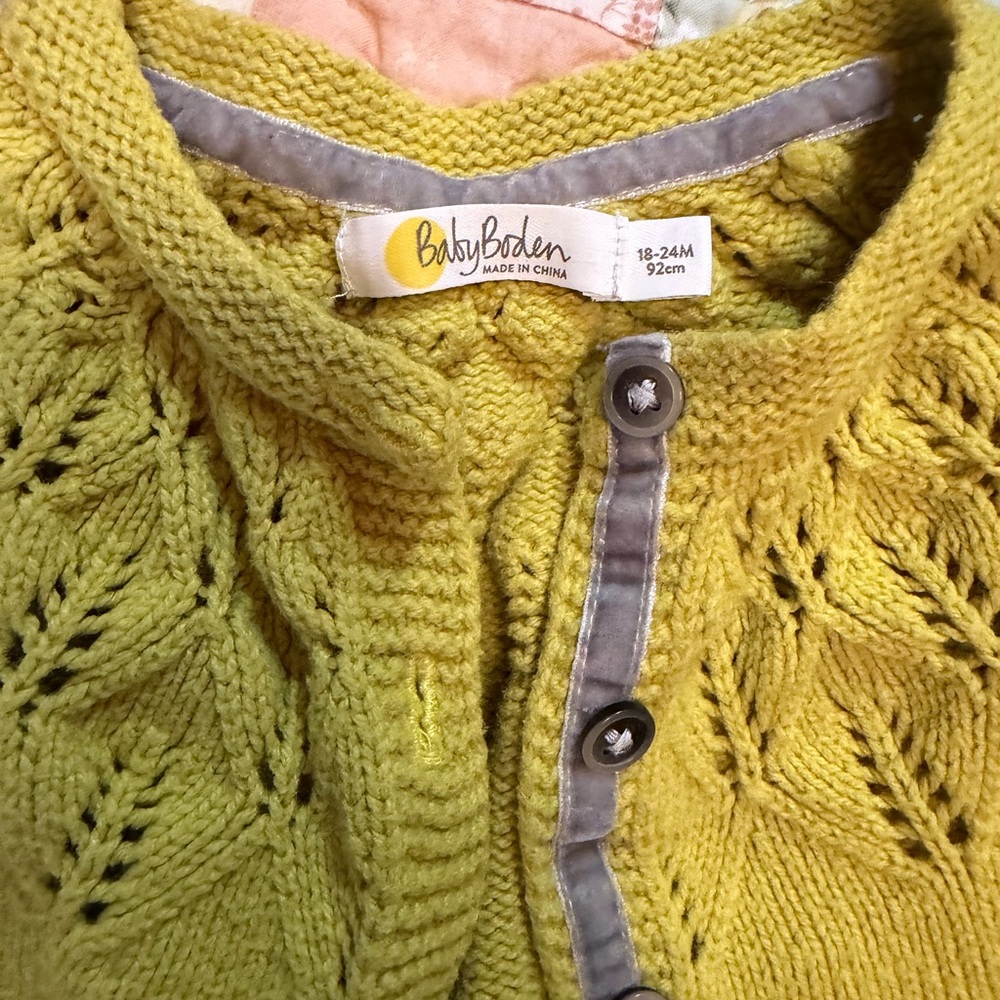Baby Boden Chartreuse Green Knit Cardigan with Velvet-Trim Buttons